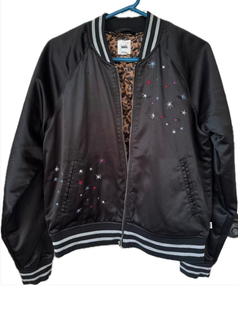Vans Black Satin Bomber Jacket with Multicolor Star Embroidery